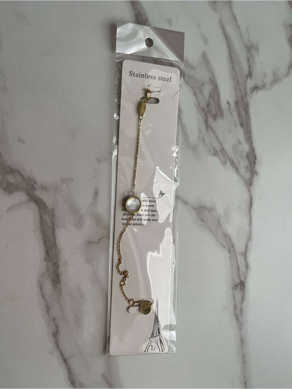 Gold Stainless Steel Women's Bracelet with White Stone
